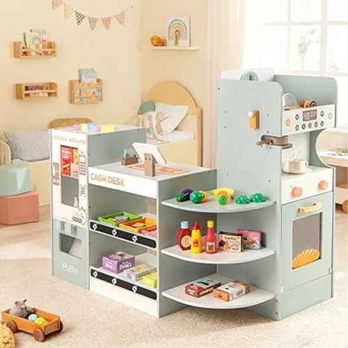 Costzon Kids Grocery Store Playset, Wooden Play Store w/Checkout Counter, Cash Register, Vending Machine, Coffee Maker & Play Food Accessories, Grocery Pretend Play Toy for Boys & Girls