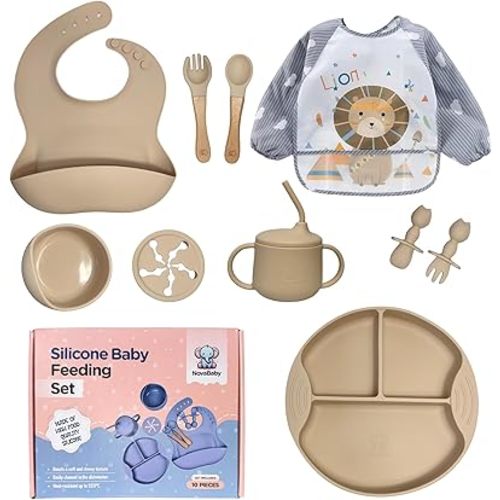 Silicone Baby Feeding Set, Eating Utensils with Suction Plate and Bowl, Baby Led Weaning Supplies, Toddler Self Feeding Dish Set with Waterproof Full Sleeve Bib, Spoon, 10pcs (Beige)