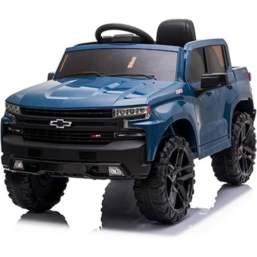 Kidzone 12V Battery Powered Licensed Chevrolet Silverado Trail Boss LT Kids Ride On Truck Car Electric Vehicle Jeep with Remote Control, MP3, LED Lights - Blue