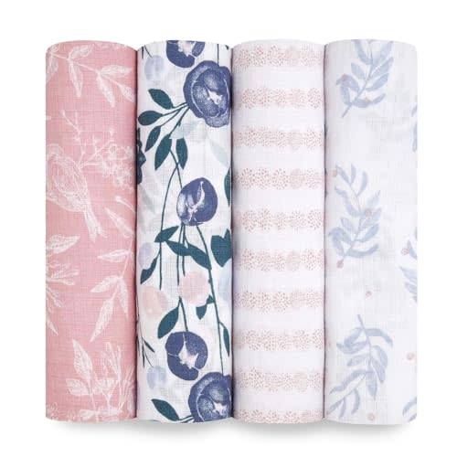 aden + anais Essentials Muslin Swaddle Blankets for Baby Girls and Boys, Newborn Receiving Blanket for Swaddling, 100% Cotton Baby Swaddle Wrap, 4 Pack, Flower's Bloom