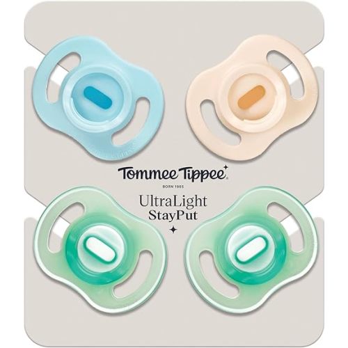 Tommee Tippee Ultra-Light StayPut Day and Night Soothers, 0-6m, 4 Pack, One-Piece Silicone Design, Soft Skin Feel
