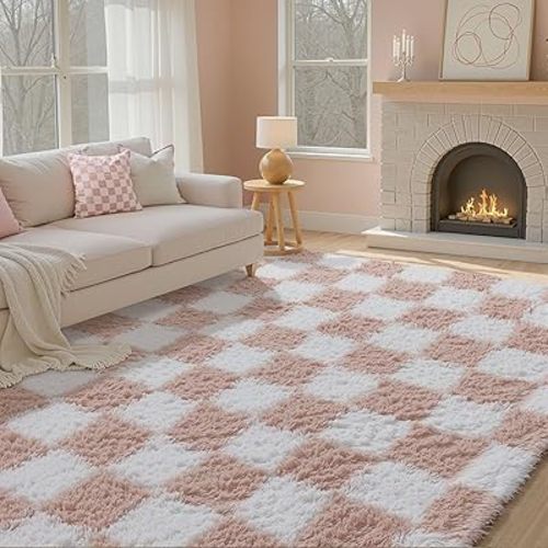 Checkered Rug 5x8 for Living Room, Pink and White Modern Shag Rug Super Soft Washable Indoor Fuzzy Carpet Non-Slip Fluffy Rugs for Bedroom Home Aesthetic Decor