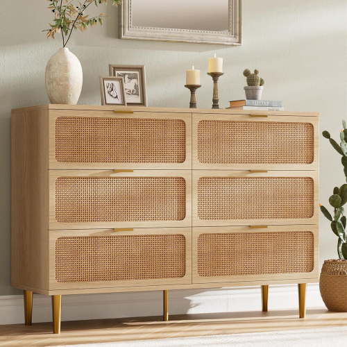 Rattan Dresser with 6 Drawers, Tall Modern Closet with Deep Storage, Large Chest of Drawers with Wide Top, Long Wooden Dresser for Bedroom, Living Room, Hallway, Kids Room, Natural