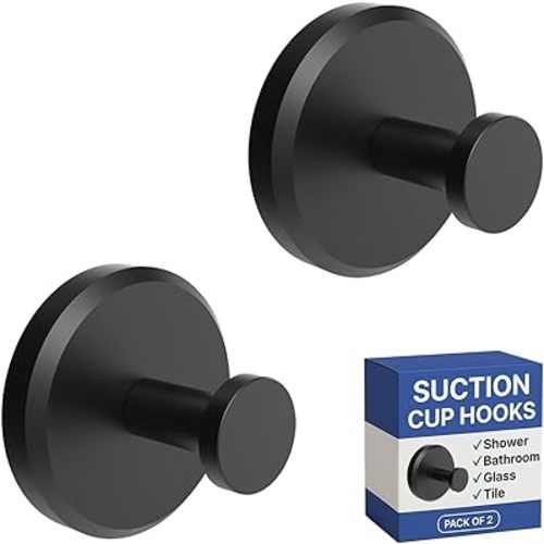 HOME SO Suction Cup Hooks for Shower, Bathroom, Kitchen, Glass Door, Mirror, Tile – Loofah, Towel, Coat, Bath Robe Hook Holder for Hanging up to 15 lbs – Waterproof & Rustproof, Matte Black (2-Pack)