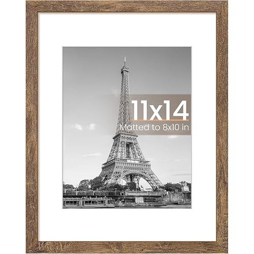 upsimples 11x14 Picture Frame, Display Pictures 8x10 with Mat or 11x14 Without Mat, Wall Hanging Photo Frame, Rustic Brown, 1 Pack