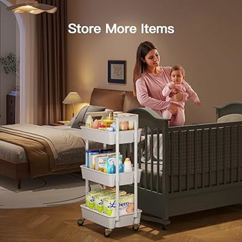 Pipishell 3 Tier Rolling Cart Organizer, Plastic Rolling Cart with Lockable Wheels & Reinforced Handle, Lightweight Utility Cart Storage Cart for Nursery, Kitchen, Bathroom, Craft Room, White, PIUC14W