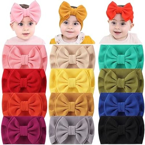 Cinaci 12 Pack Solid Candy Colors Stretchy Wide Nylon Headbands with Knot Big Hair Bow Elastic Headwraps Oversized Hair bands Large Hair Bows Hair Accessories for Baby Girls Infants Toddlers Kids