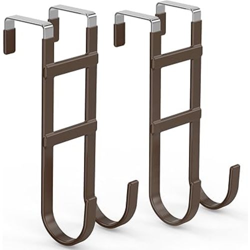 FYY Over The Door Hooks - 2 Pack Heavy Duty Dual-Hook Organizer Hanger with Non-Slip Rubber for Towels, Clothes, Hats & Bags Use in Bathroom, Bedroom, Kitchen - Fits Interior Doors Up to 1.6" Brown