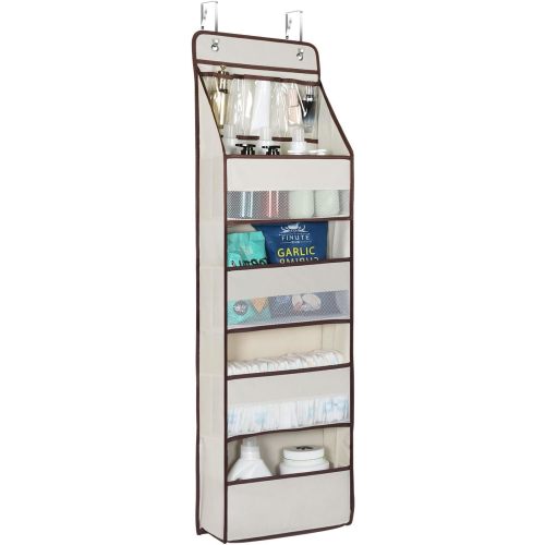 Univivi 5-Shelf Fabric Door Storage Over Door Hanging Organizer with 4 Large Pockets and 3 Small PVC Pockets Nursery Closet Cabinet Wall Mount Hanging Storage Organizers for Baby Nursery (Beige)