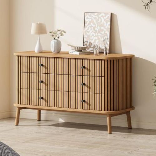 Garvee 47-Inch Small 6-Drawer Dresser with Metal Legs, Oak Wood Grain Farmhouse Style for Bedroom Nursery Apartment