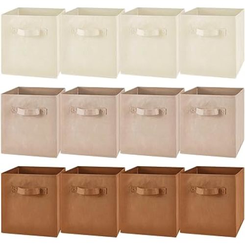 Yinder 12 Pcs Cube Storage Bin 11'' Storage Bins for Room Decor Colorful Bins Foldable Baskets for Nursery Organizer Boxes Fabric Boxes (Beige,Khaki,Brown)