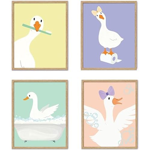 YZSLA Kids Bathroom Pastel Goose Wall Art Decor,Girls Nursery Bathroom Wall Art Prints, Funny Animal Poster Art Prints Room Decorations for Kids Washroom Restroom Toilet Decor,8x10 Unframed Set of 4