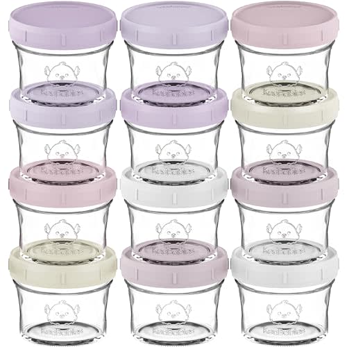 KeaBabies 12pk 4oz Glass Baby Food Containers with Lids - Leak-Proof, Microwavable Small Glass Jars, Baby Purees & Toddler Snack Storage Containers, BPA-Free, Dishwasher & Freezer Safe (Lilac)