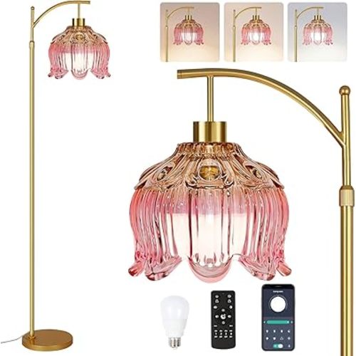QIYIZM Pink Floor Lamp for Living Room,Bedroom,Gold Dimmable Standing Lamp with Remote,Mid Century Modern Brass Tall Lamp Boho Floor Lamps Arc Stained Glass Flower Floor Light Lamp Girls kids Bohemian
