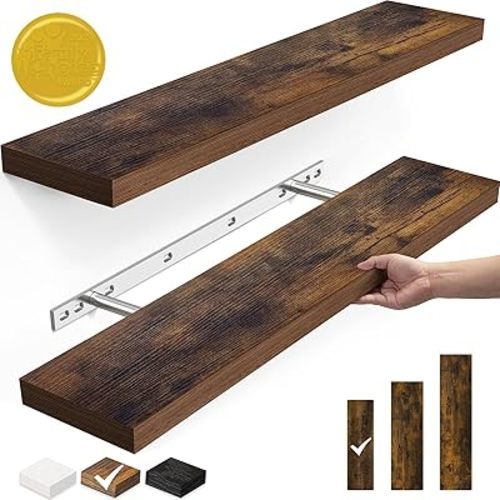 BAYKA Floating Shelves, 22.5" Wall Mounted Wood Shelves for Bathroom, Bedroom, Living Room, Kitchen, Hanging Shelf for Books/Storage/Decor with 22lbs Capacity (Rustic Brown,Set of 2)