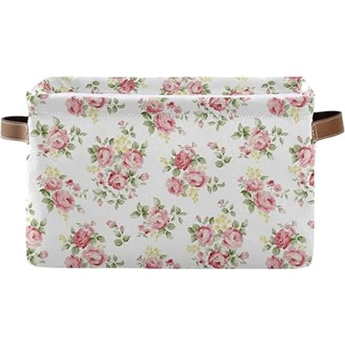 senya Large Foldable Storage Basket with Handles, Pink Rose Flower Floral Fabric Collapsible Storage Bins Organizer Bag for Storage 15 x 11 x 9.5 inch