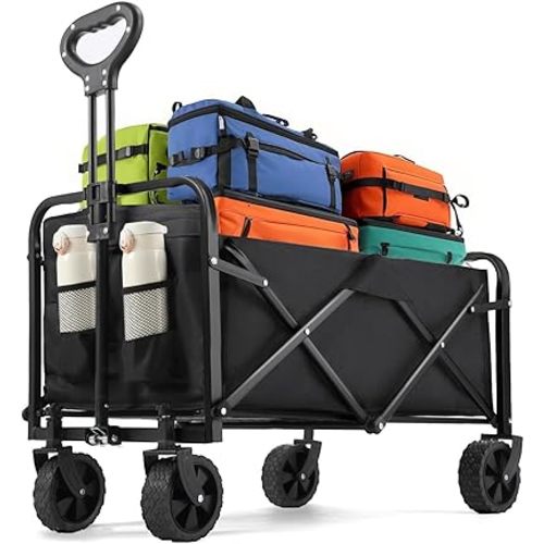 Collapsible Wagon 220 lbs, Heavy Duty Wagon Carts Foldable, Portable Wagons for Groceries, Beach Cart with All-Terrain Wheels & Drink Holders, Utility Wagon for Shopping, Sports, Camping, Black