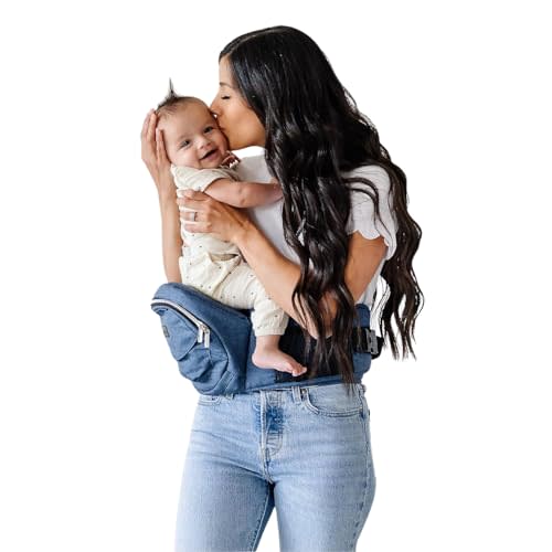 Tushbaby The Original Safety-Certified Hip Carrier for Babies & Toddlers: Machine Washable Child Waist Seat with Pocket Storage, As Seen on Shark Tank (23”-44” Waist, 0-3 yrs up to 45lbs) – Chambray