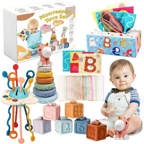 YANSION Montessori Toys for Babies 6 to 12 Months, 4 In 1 Baby Toys 6 Months, Soft Stacking Blocks Teething Toys, UFO Pull String Activity Toy, Tissue Box Toy, Baby Sensory Toys for Toddler 6 9 12 Mon