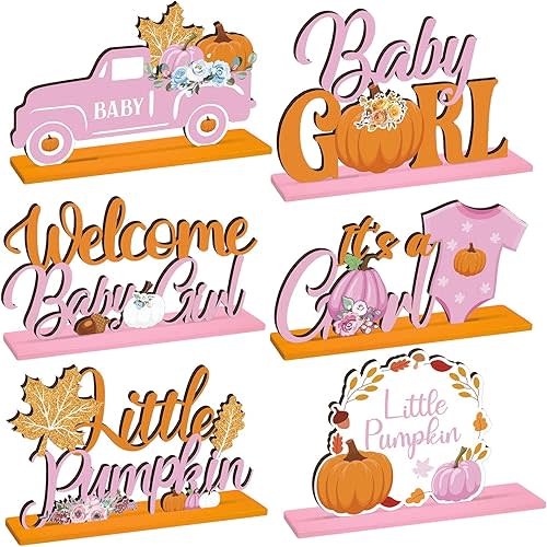 6 Pcs Thanksgiving Fall Little Pumpkin Party Decorations Pumpkin Wooden Centerpieces Pink Girl Maple Table Toppers a Little Pumpkin Baby Girl Table Decor for Girls Fall Party
