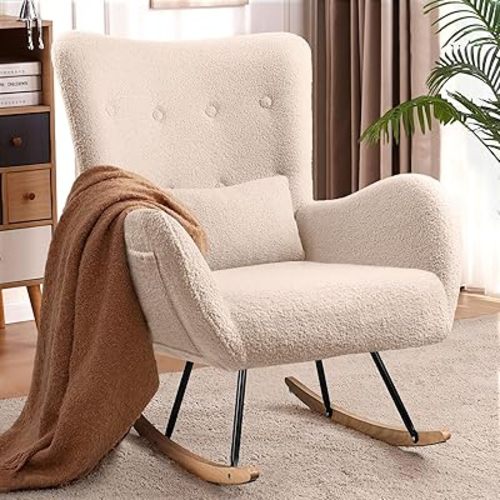 Waleaf Rocking Chair Nursery, Teddy Upholstered Rocking Chair Indoor with High Backrest Glider Accent Chair, Padded Seat Nursing Chair Comfy Chair for Bedroom (Beige)