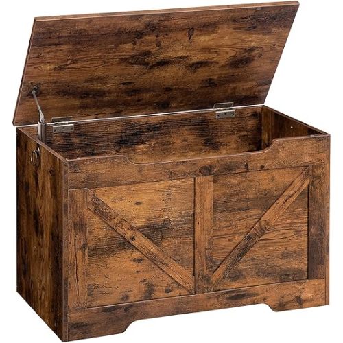 HOOBRO Storage Bench, 29.5” Retro Wooden Storage Chest with U-Shaped Cut-Out Pull, Safety Hinge, Supports 220 lb and Easy Assembly for Toy Box Organizer (Rustic Brown) BF77CW01
