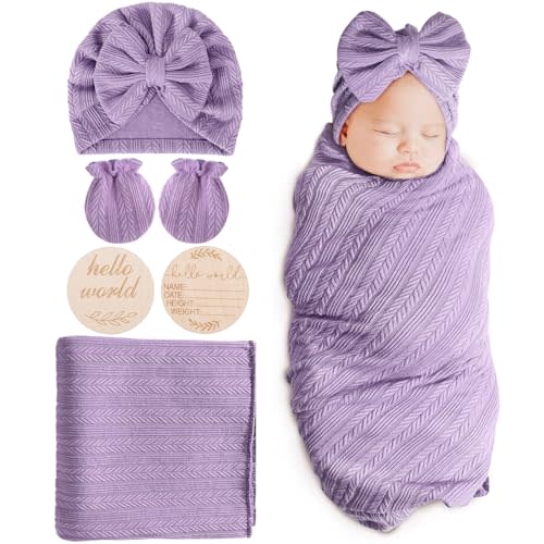 AQOKKA Newborn Receiving Blanket Wheat-Pattern Baby Girl Swaddles Wraps with Bow Hat Mittens Wooden Card for Newborns Toddler Gift Baby Essentials