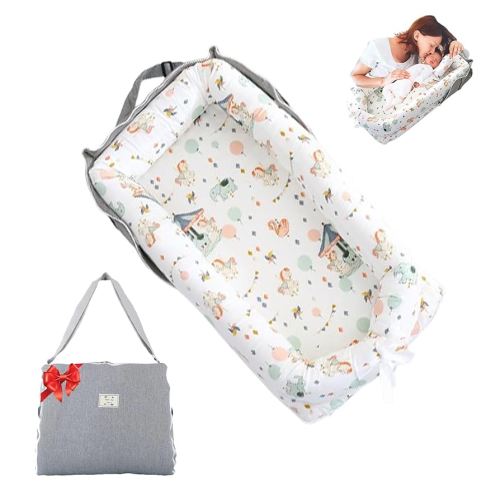Baby Lounger for Newborn Portable Bag,Baby Nest Co Sleeping for Baby in Bed with Strap,Newborn Lounger Adjustable Size & Inner Zipper Lengthen Space to 24 Months(Carousel)