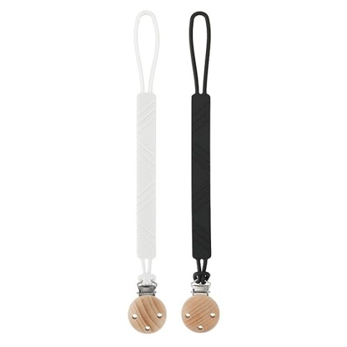 Silicone Pacifier Clip Holder for Baby Boy and Girl, Fits for Most Pacifier Teethers & Small Toys in Place, BPA Free (White+Black)