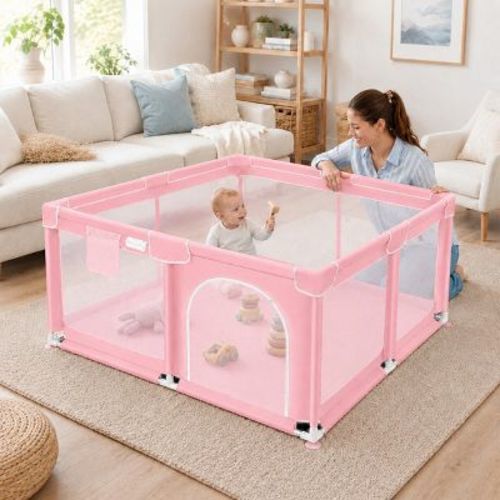 Kmaier Baby Playpen,Large Indoor and Outdoor Play Yards,360° Visibility,For Toddler-(Pink)
