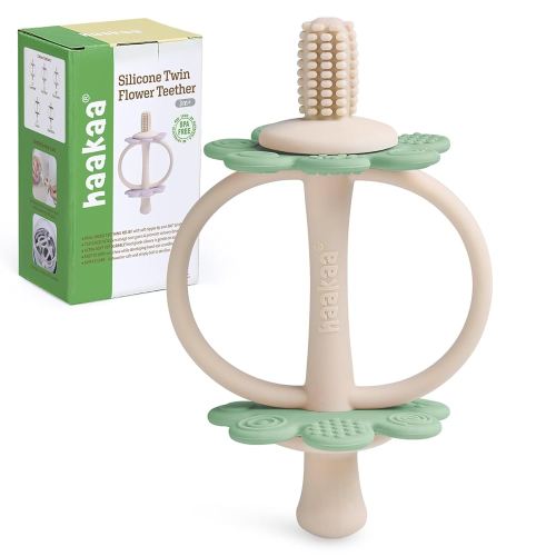haakaa Silicone Baby Teether Toys,Nipple-Shaped End for Gum Massage,360° Baby Toothbrush Head for Self-Brushing Training,Easy to Grip-Pea Green