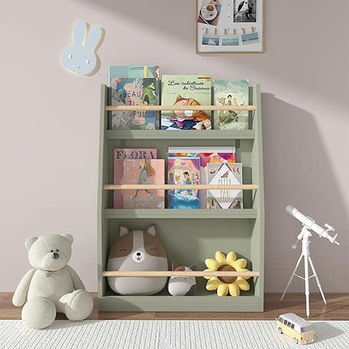 Kids Bookshelf 3 Tier Nursery Book Shelf Wood Toy Storage Organizer and Book Display Stand for Living Room Bedroom Playroom Kids Room Space-Saving Kids Book Rack, Light Green