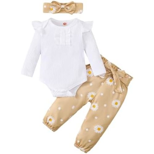 Kislio Newborn Baby Girls Clothes Ribbed Ruffled Romper+Floral Pants+Headband Infant Outfit Set