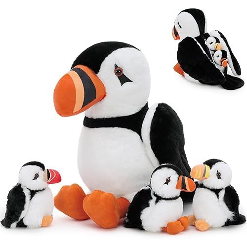 13.7" Puffin Plush Toy with Back Zipper, Includes 3 Adorable Baby Puffin Stuffed Inside - Soft & Safe Stuffed Animal for Kids, Perfect for Bedtime Companion, Gift, or Room Decor