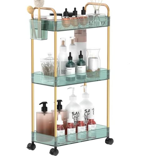 SPACEKEEPER 3 Tier Rolling Storage Cart Clear Bathroom Organizer, Rolling Utility Cart Laundry Room Organization for Office Living Room, Green