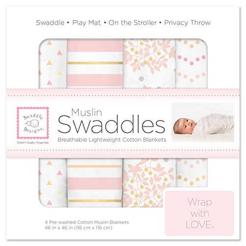 SwaddleDesigns Cotton Muslin Swaddle Blankets, Set of 4, Receiving Blankets for Baby Boys & Girls, Best Shower Gift, 46x46 inches, Heavenly Floral