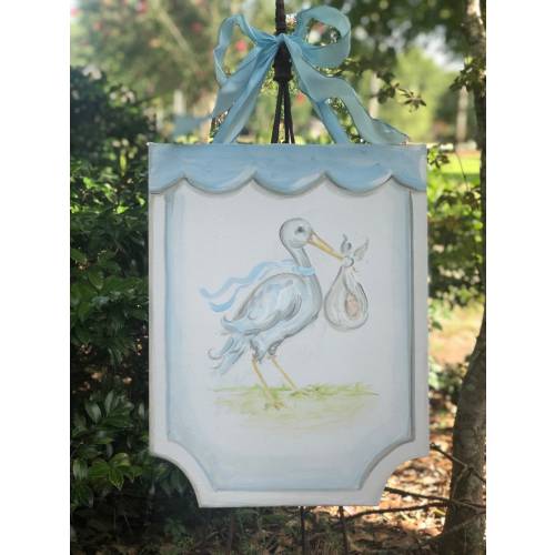 Baby stork door PINK or BLUE or ECRU Stork baby door hanger for nursery or hospital door in pink or blue.