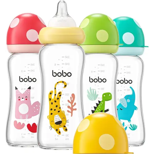 Natural Glass Baby Bottle with Natural Response Nipple, Newborn Anti-Colic Baby Bottles, Wide Neck Mushroom Cap Baby Bottle, Clear (8.8ounce (Pack of 4), Multicolour2)