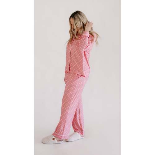 Womens Button Up Set In Pink Hearts