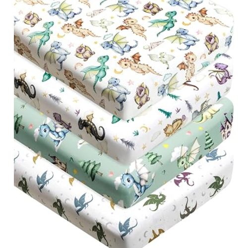4 Pack Dragon Crib Sheets Neutral Unisex Fitted Nursery Baby Sheet Set Toddler Mattress Newborn Bedding Sheets for Baby Boys or Girls (Crib)