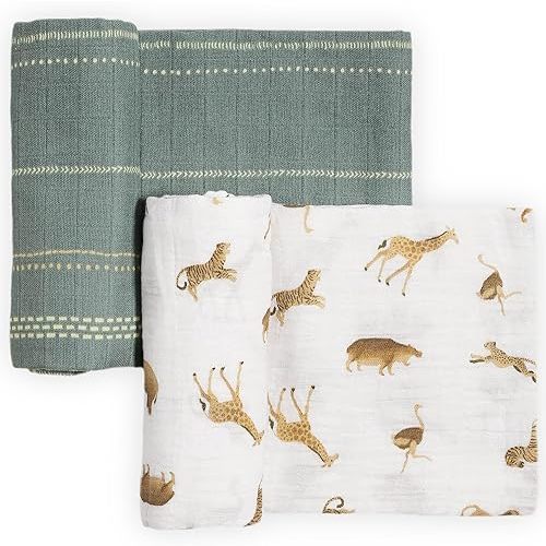 Little Unicorn 100% Certified Natural Organic Cotton Muslin Swaddle Blanket 2 Pack | Giftable Set of 2 swaddles (Animal Crackers)