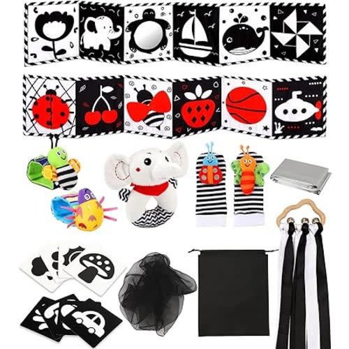 Perbabe Baby Games, 31 Pieces Sensory Book Black and White Newborn 0-12 Months Montessori Games with Black Red Newborn Books, Newborn Rattle, Tummy Time Newborn for Baby Gift : Amazon.it: Toys & Games