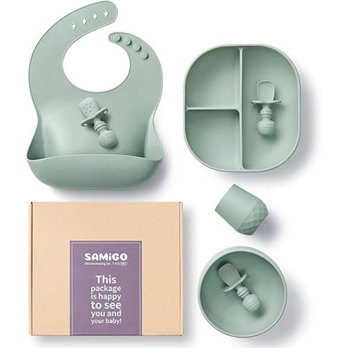 SAMiGO Silicone Baby Feeding Set, Suction Plate Bowl Set, Self Feeding Spoons, Bib, Cup, Baby Led Weaning Supplies, First Stage Feeding Essentials, Food Eating Utensils, 6+ Months