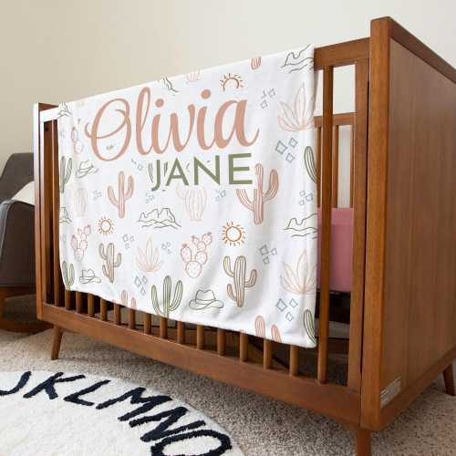 Personalized Western Cowgirl Baby Blanket With Name, Boho Cactus Nursery Theme Throw Blanket Décor, Shower Gift for Newborn Girl, Rodeo