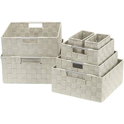 Sorbus Storage Baskets for Organizing (Set of 7), Mesh Hand-Woven Design, Linen Closet Organizers and Storage, Organizer Storage Baskets for Shelves, Variety Pack Organizers and Storage (Beige)