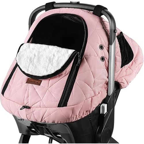 Car Seat Cover Baby Winter: Sprouterie Carseat Canopy for Babies Infant Cold Weather Shield with Zipper Peeping Window Warm and Cozy Waterproof Universal Fitted Pink for Girl Newborn