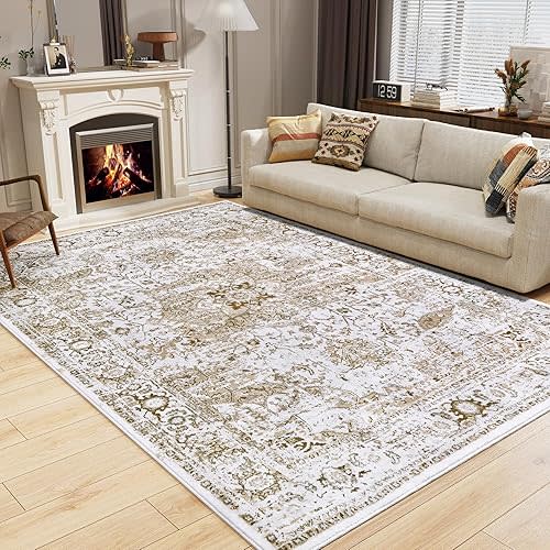 Keeko 5x7 Area Rugs for Living Room Bedroom, Large Vintage Machine Washable Rugs Soft Fluffy Indoor Accent Print Rug Non Shedding Non Slip Floral Carpet Rug for Office Dining Room Decor Beige