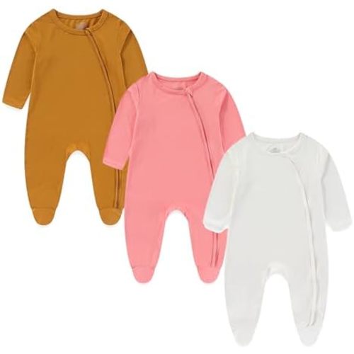 Ecojoy Baby Bamboo Rayon Romper Double Zipper Bodysuit Newborn Infant Solid Footies Jumpsuit 3 Pack