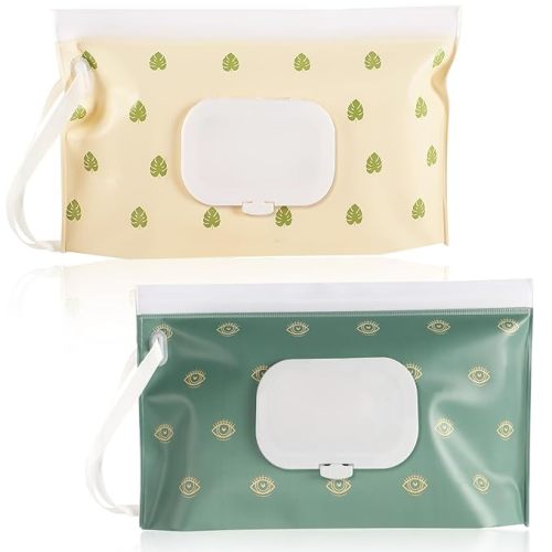 FEBSNOW 2 Pack Baby Wipes Dispenser, Portable Refillable Wipe Holder Baby Wipes Container Travel Wipes Case Reusable Boho Wet Wipes Pouch