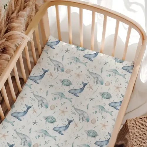Ocean Animals Whale Crib Sheets, Ocean Whale Sea Turtle Baby Fitted Crib Sheet for Standard Crib and Toddler Mattress, Unisex Whale Print Nursery Crib Mattress Sheet for Baby Boys Girls-28 * 52